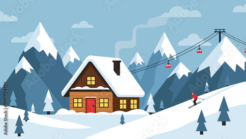 Winter mountain landscape with a cozy cabin, ski lift, and a lone skier descending a snowy slope under a clear blue sky