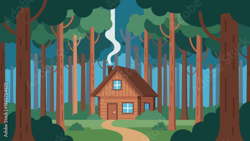 Cozy wooden cabin nestled deep within a serene forest with smoke gently rising from its chimney, evoking a sense of peace and rustic charm