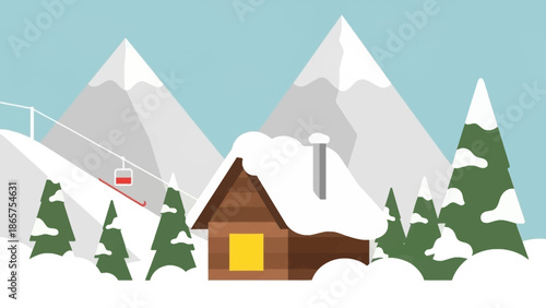 Cozy snowy mountain retreat with a charming cabin nestled among pine trees, offering a picturesque winter landscape for skiing and relaxation