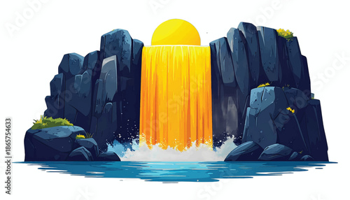 Cartoon Waterfall with Golden Water and Rocky Cliffs Illustration.