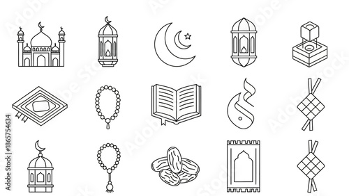 Collection of Islamic icons and symbols related to Ramadan and Eid celebrations, including mosques, lanterns, crescent moon, rosaries, and prayer mats