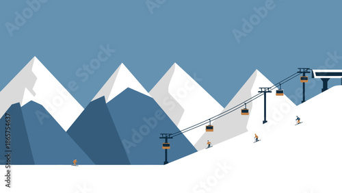 Idyllic winter mountain landscape with skiers and modern ski lifts on pristine slopes, depicted in a minimalist flat design illustration, showcasing a serene snowy resort scene