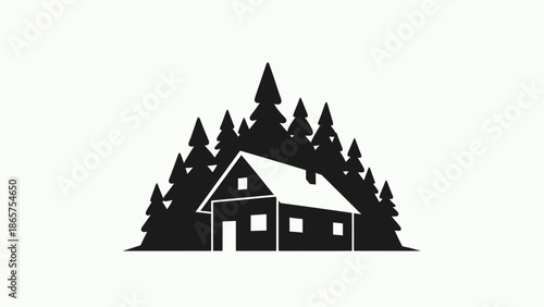Minimalist black and white illustration of a cozy, secluded cabin nestled within a dense forest of evergreen trees, evoking a tranquil retreat and the peaceful solitude of nature