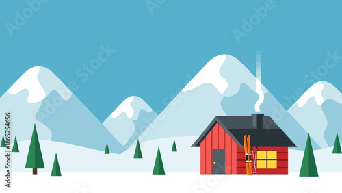 Cozy winter cabin nestled in a snowy mountain landscape with pine trees and skis leaning against the side, perfect for a winter retreat illustration