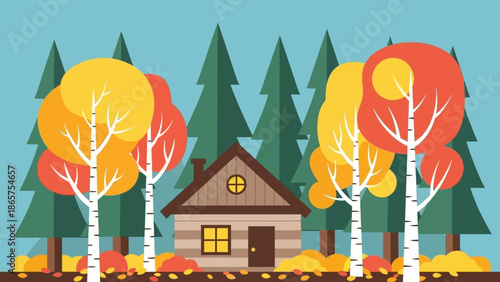 Cozy wooden cabin in an autumn forest, flat design illustration with vibrant fall foliage and scattered leaves, creating a tranquil seasonal landscape