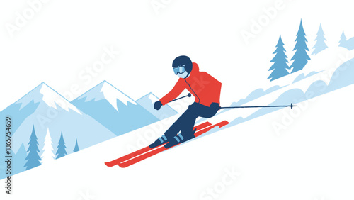 Dynamic illustration of a skier gracefully descending a snow-covered mountain slope, showcasing the thrill of winter sports amidst picturesque alpine scenery and towering peaks