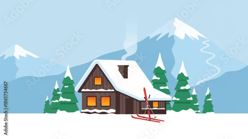 Cozy wooden cabin nestled amongst snow-covered pine trees with skis leaning against it, set against a backdrop of majestic snow-capped mountains under a clear winter sky