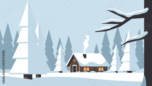 Cozy Log Cabin Nestled in a Snowy Forest Landscape, Evoking Warmth and Tranquility on a Winter's Day