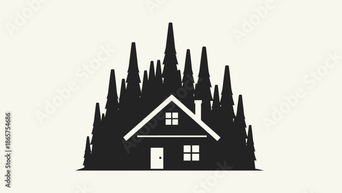 A striking minimalist silhouette illustration showcasing a cozy home peacefully nestled within a dense, towering evergreen forest, symbolizing serene natural living and a tranquil escape
