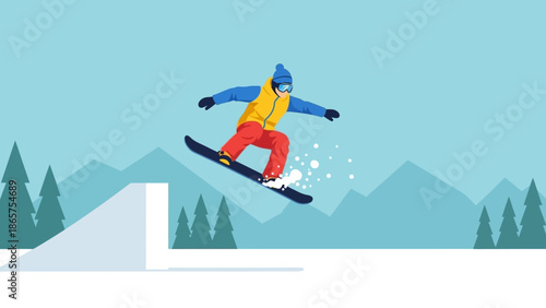 Vibrant illustration of a snowboarder launching from a snow ramp, mid-air against a backdrop of snowy mountains and pines, conveying the thrill of winter sports and outdoor adventure