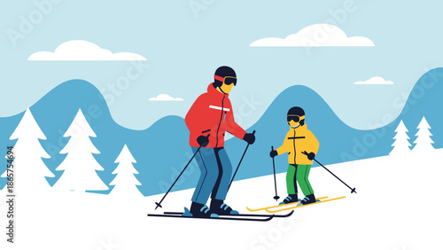 Father and child enjoy skiing together on a snowy mountain with pine trees and clouds, capturing the spirit of winter family recreation and outdoor adventure
