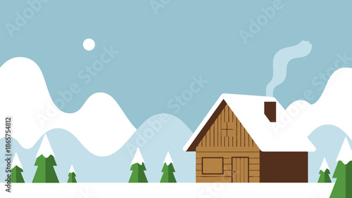 Cozy wooden cabin nestled in a serene snowy mountain landscape, depicting a peaceful winter retreat with evergreen trees and soft rolling hills