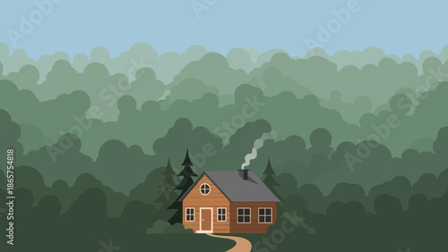Cozy cabin nestled amidst a dense, lush forest, with smoke gently rising from its chimney, evoking a sense of peace and isolation
