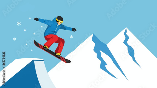 Dynamic illustration of a snowboarder mid-air, performing an exciting jump over a snowy mountain landscape, showcasing the thrill and adventure of winter sports and extreme recreation