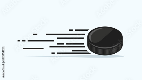Dynamic illustration of a hockey puck in motion, captured mid-game with dynamic motion lines conveying speed and action on a light blue background