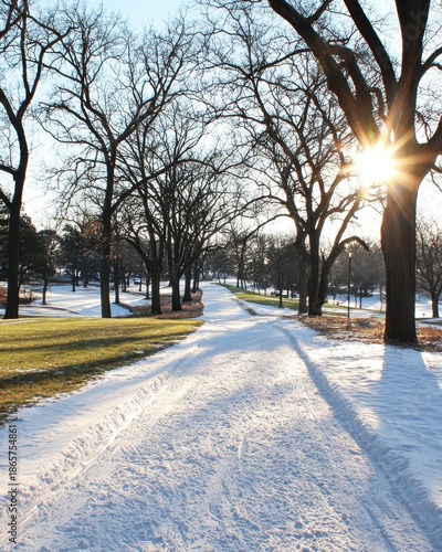 Serene Winter Pathway with Sunlight Filtering Through Trees
