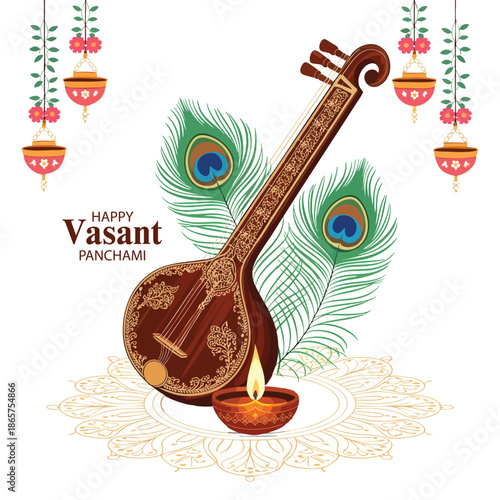 Easy to edit vector illustration of Goddess Saraswati for Vasant Panchami Puja of India

