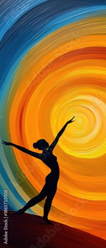 Silhouette of Dancer Against Vibrant Swirling Background Colors