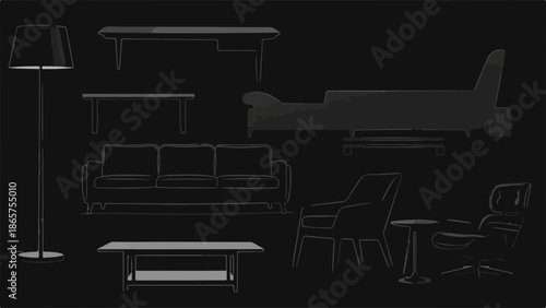Collection of modern furniture silhouettes, including sofas, chairs, tables, and a floor lamp, on a dark background.