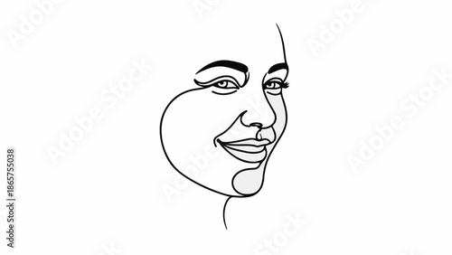 Elegant single line drawing of a smiling woman's face, conveying subtle joy and beauty.