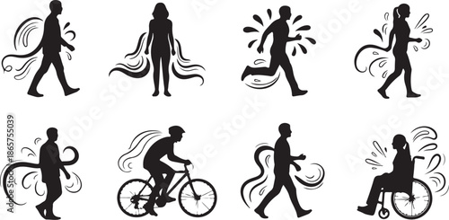 Silhouettes of people exercising and moving in various ways