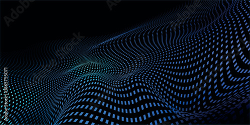 Modern dynamic circle grid particle wave flowing in blue cyberspace with volumetric spotlight background. vector design background