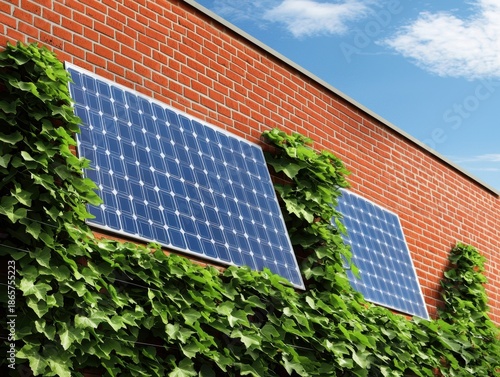 Solar Panels on Red Brick Wall Surrounded by Green Ivy Plants