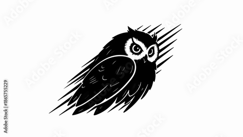 Mysterious black owl silhouette with sharp lines suggesting speed or movement against a white background.