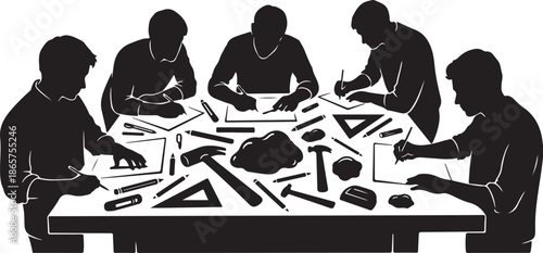 Silhouette of people working together at a table with tools