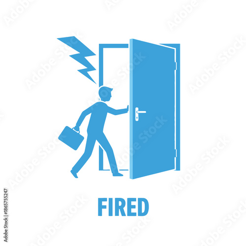 Man getting fired in simple flat illustration with blue color and bold typography for business