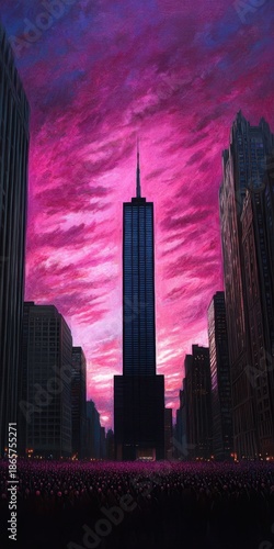 Majestic Urban Sunset with Skyscrapers and Vibrant Cloud Patterns