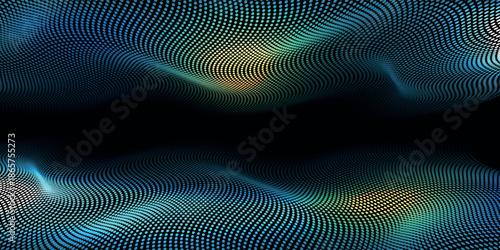 premium blue dynamic circle grid particle wave flowing in blue cyberspace. modern design background