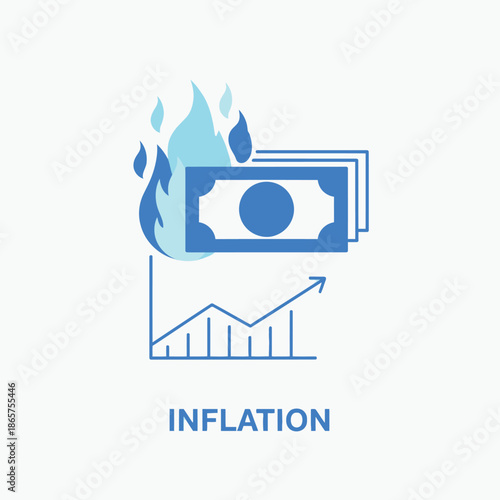 Inflation graph with burning money in blue illustration style for financial