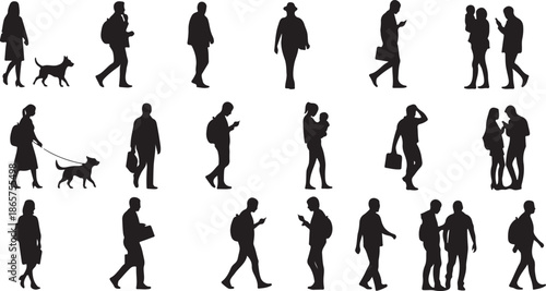 Diverse people walking with pets and bags flat design vector illustration