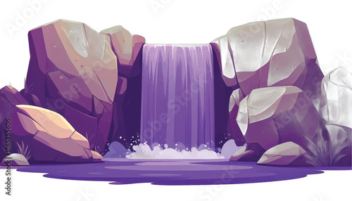 Cartoon Waterfall Cascade with Rocks and Purple Water.