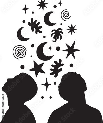 Silhouettes of two people looking at stars and celestial objects