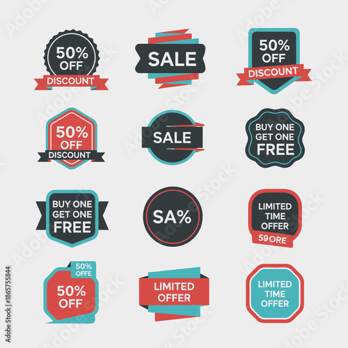 Collection of Sale and Discount Badges: 50% Off, Buy One Get One Free, Limited Offer