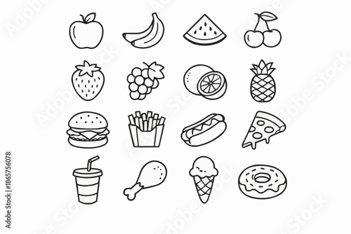 A colorful illustration depicting various fruits and fast food items