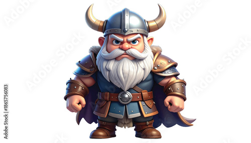 Cartoon Viking Warrior Dwarf with Horned Helmet and Fierce Expression.