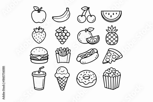 A colorful composition of fruits and fast food items on a white background