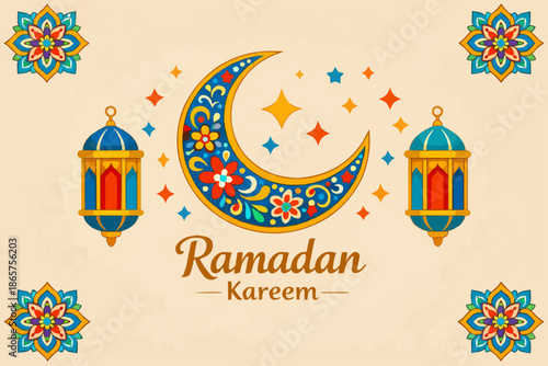 A vibrant ramadan kareem illustration with crescent moon and lanterns
