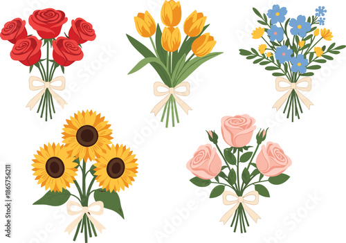 Flower bouquet vector illustration set, roses tulips sunflowers wildflowers, flat romantic floral arrangements for gifts weddings branding design