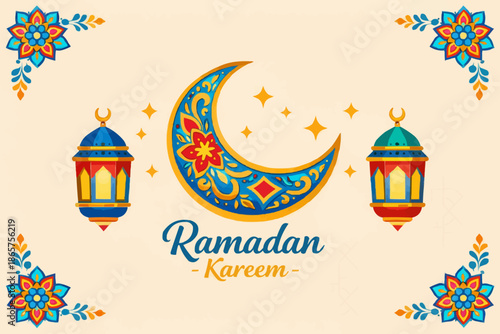 A beautiful ramadan kareem illustration with crescent moon and lantern designs