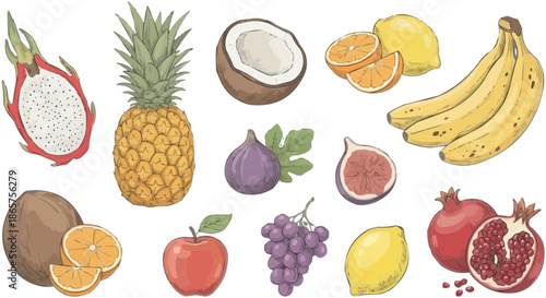 Simple sketch of tropical fruits including a mango and a banana