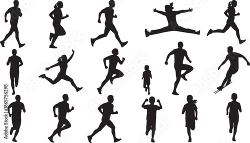 Silhouette of diverse people running and jumping in dynamic motion vector illustration