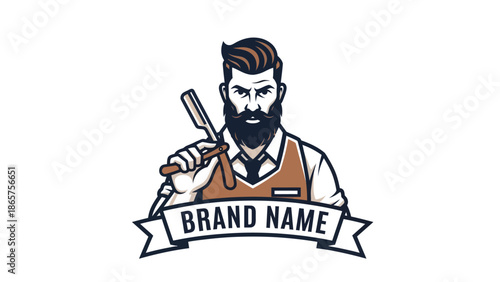 Barber holding straight razor with beard and mustache.