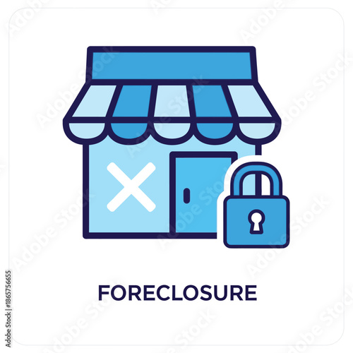 Foreclosed storefront with locked padlock in simple flat design with blue color scheme and bold typography for financial crisis illustration