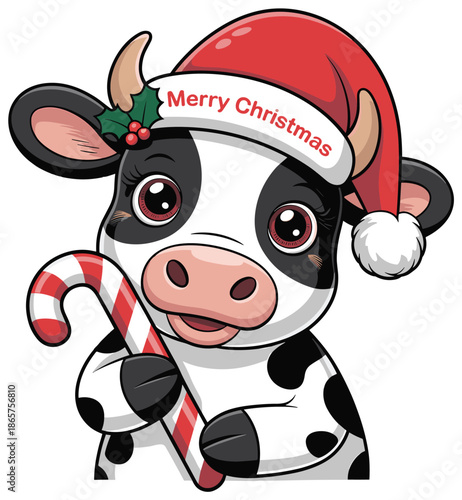 Cute Christmas Cow Wearing Santa Hat Holding Candy Cane IllustrationCute Christmas Cow Wearing Santa Hat Holding Candy Cane Illustration