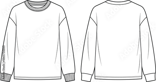 Crewneck sweatshirt technical sketch, unisex casual knit apparel design, front back view, long sleeve, ribbed collar cuffs hem, fashion flat illustration