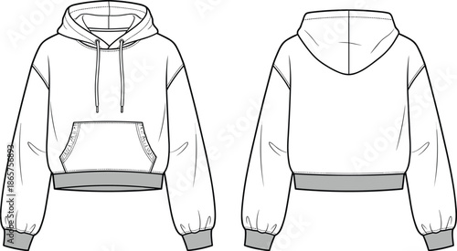 Cropped hoodie technical sketch, women casual streetwear sweatshirt design, front back view, drawstring hood, kangaroo pocket, fashion flat illustration